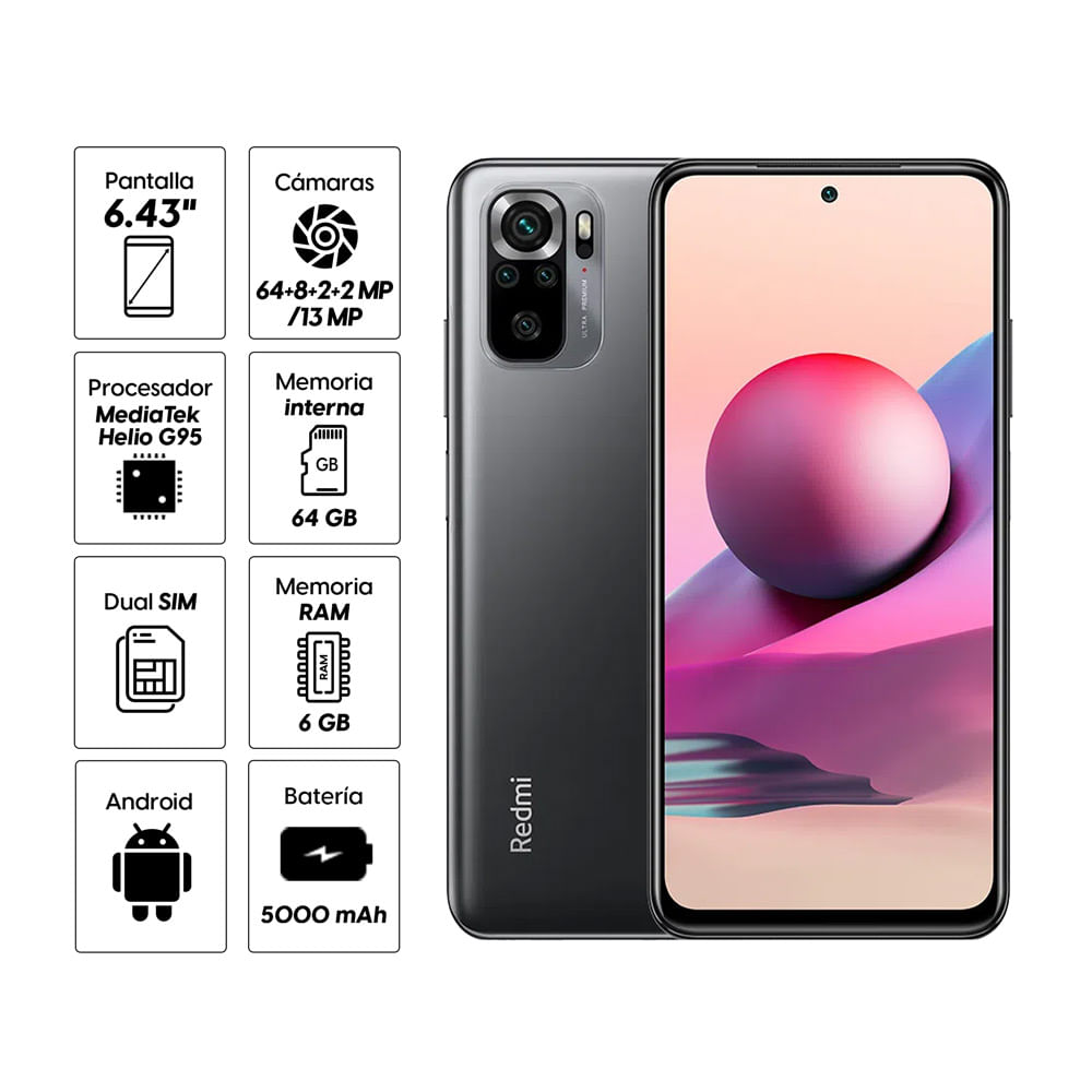 Imagen 2 del producto Reacondicionado: Celular Xiaomi Redmi Note 10S 64GB, 6GB RAM, cámara trasera 64MP y frontal 13MP, 6.43"", gris