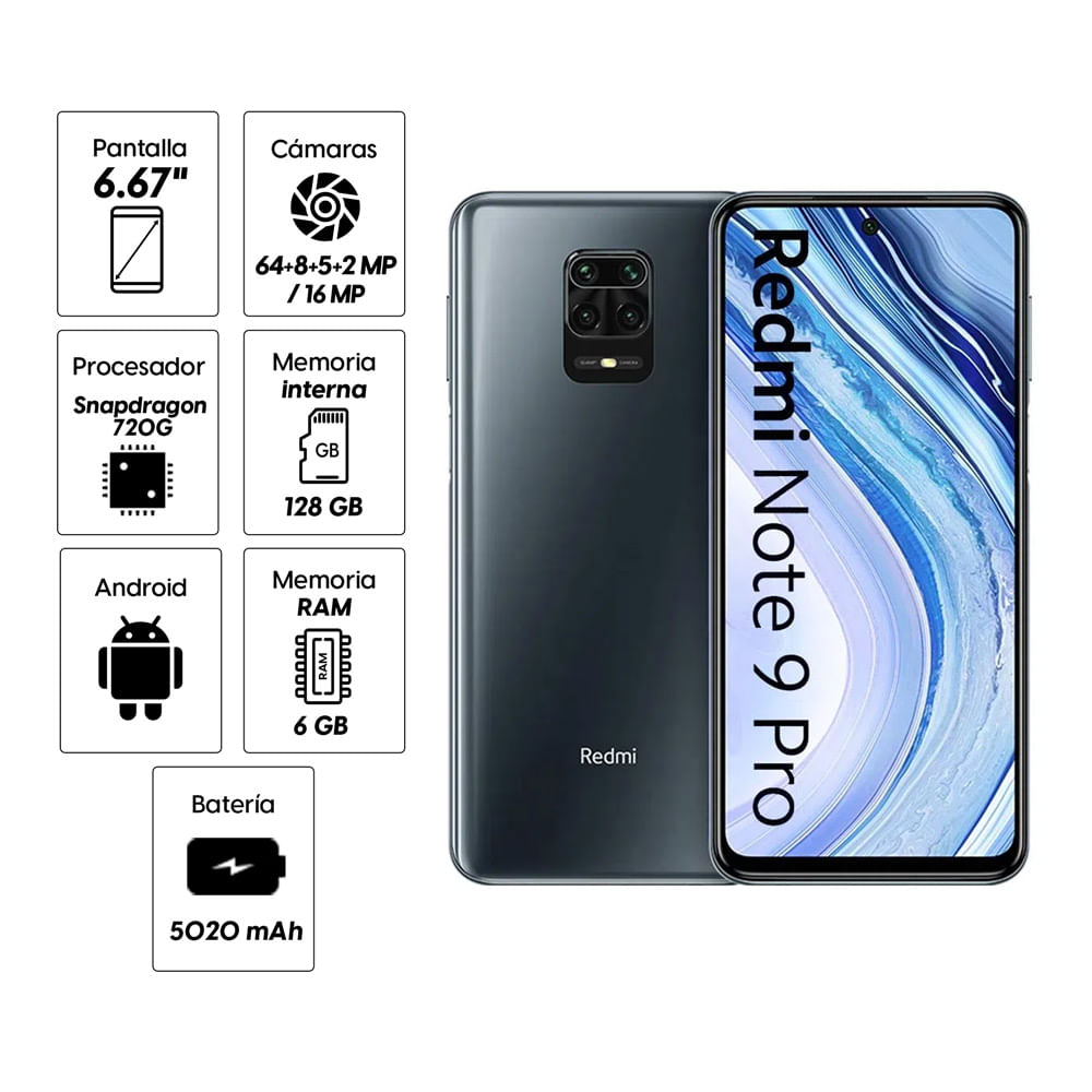 Imagen 2 del producto Celular Xiaomi Redmi Note 9 Pro 128GB, 6GB RAM, cámara trasera 64MP y frontal 16MP, 6.67"", gris (reempacado)