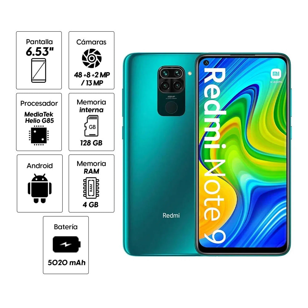 Imagen 2 del producto Celular Xiaomi Redmi Note 9 128GB, 4GB RAM, cámara trasera 48MP y frontal 13MP, 6.53"", verde (reempacado)