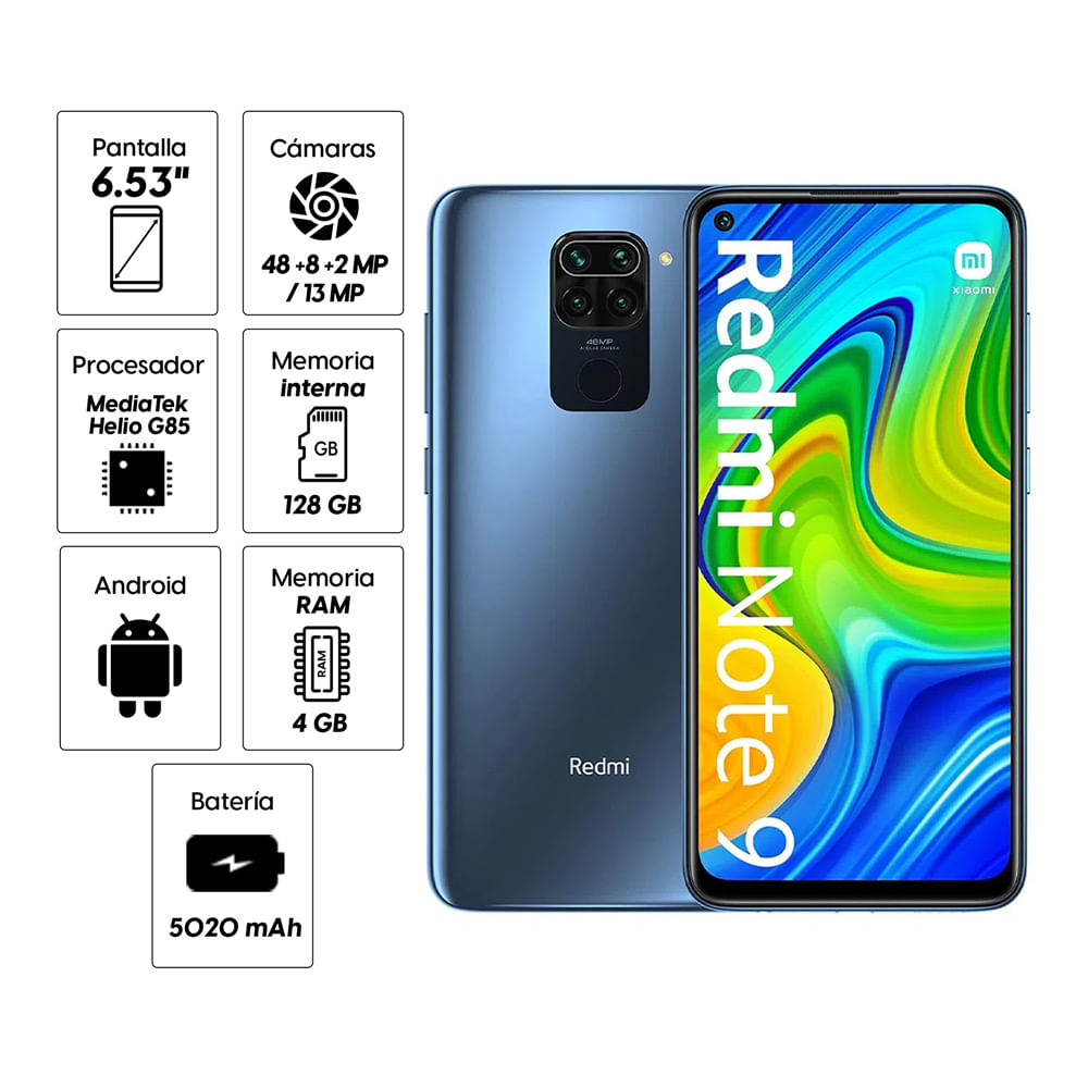Imagen 2 del producto Celular Xiaomi Redmi Note 9 128GB, 4GB RAM, cámara trasera 48MP y frontal 13MP, 6.53"", gris (reempacado)