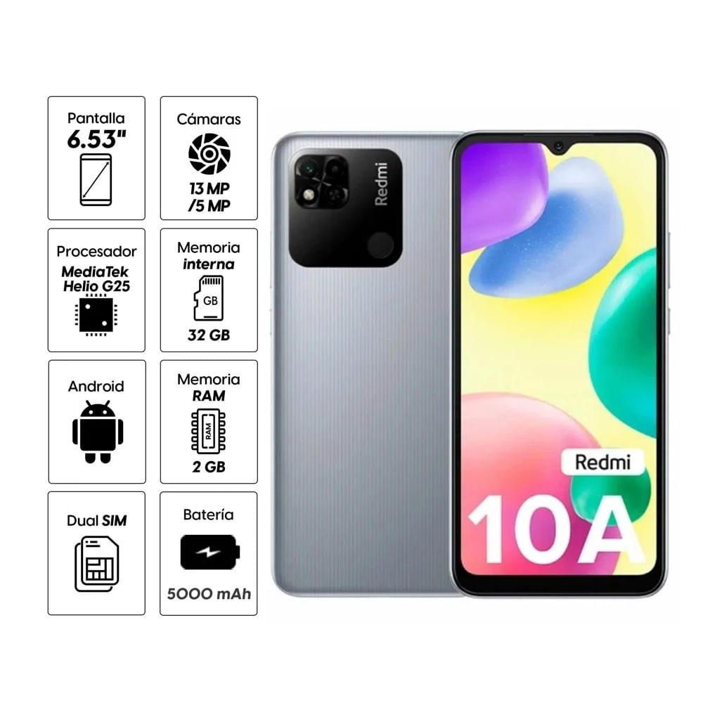 Imagen 2 del producto Reacondicionado: Celular Xiaomi Redmi 10A 32GB, 2GB RAM, cámara trasera 13MP y frontal 5MP, 6.53"", plata