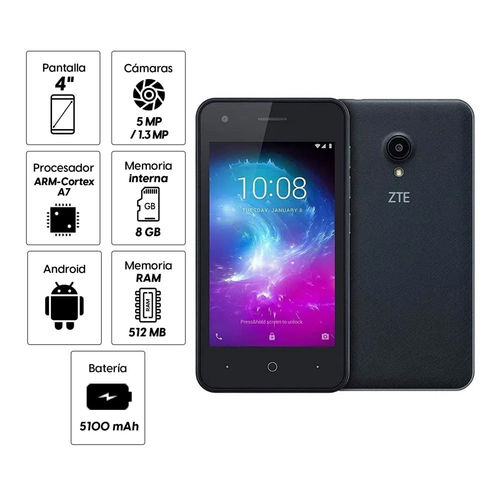 Imagen 2 del producto Celular ZTE Blade L130 3G, 8GB, 512MB RAM, cámara trasera 5MP y frontal 1.3MP, 4"", negro (reempacado)