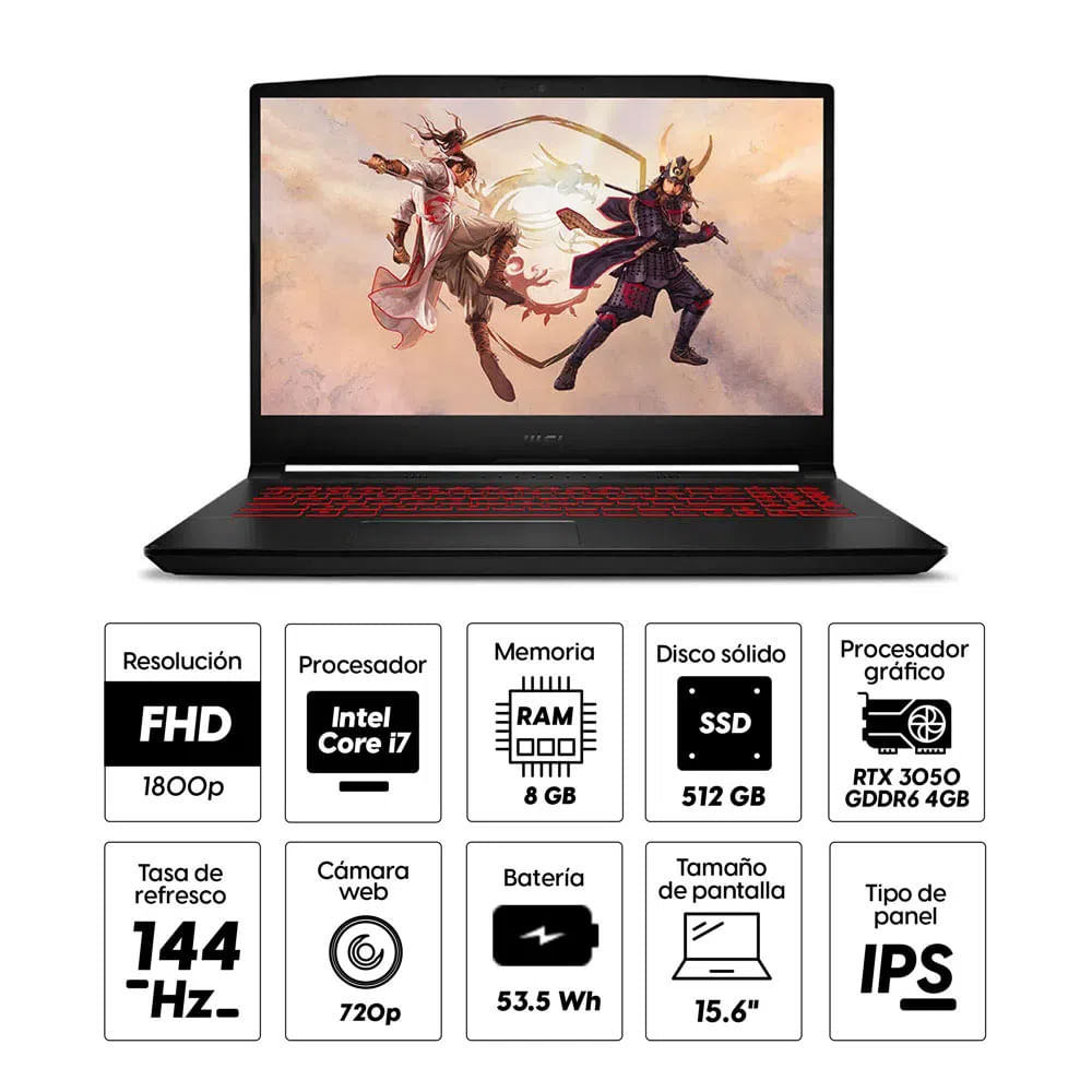 Imagen 2 del producto Reacondicionado: Laptop gamer Msi GF66 Katana 15.6"" Intel Core i7 11va, 512GB SSD, 8GB RAM, RTX3050/4GB, FreeDOS - sin sistema operativo