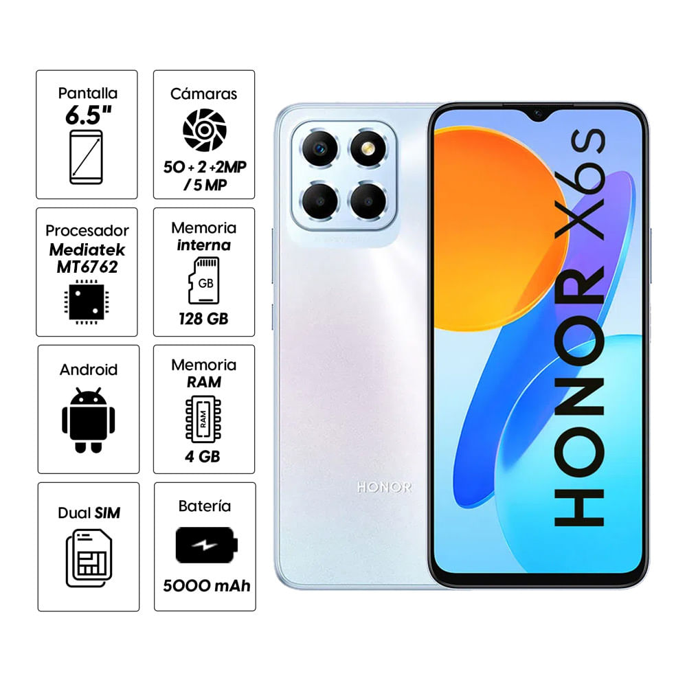 Imagen 2 del producto Celular Honor X6s 128GB, 4GB RAM, cámara trasera 50MP y frontal 5MP, 6.5'', plateado