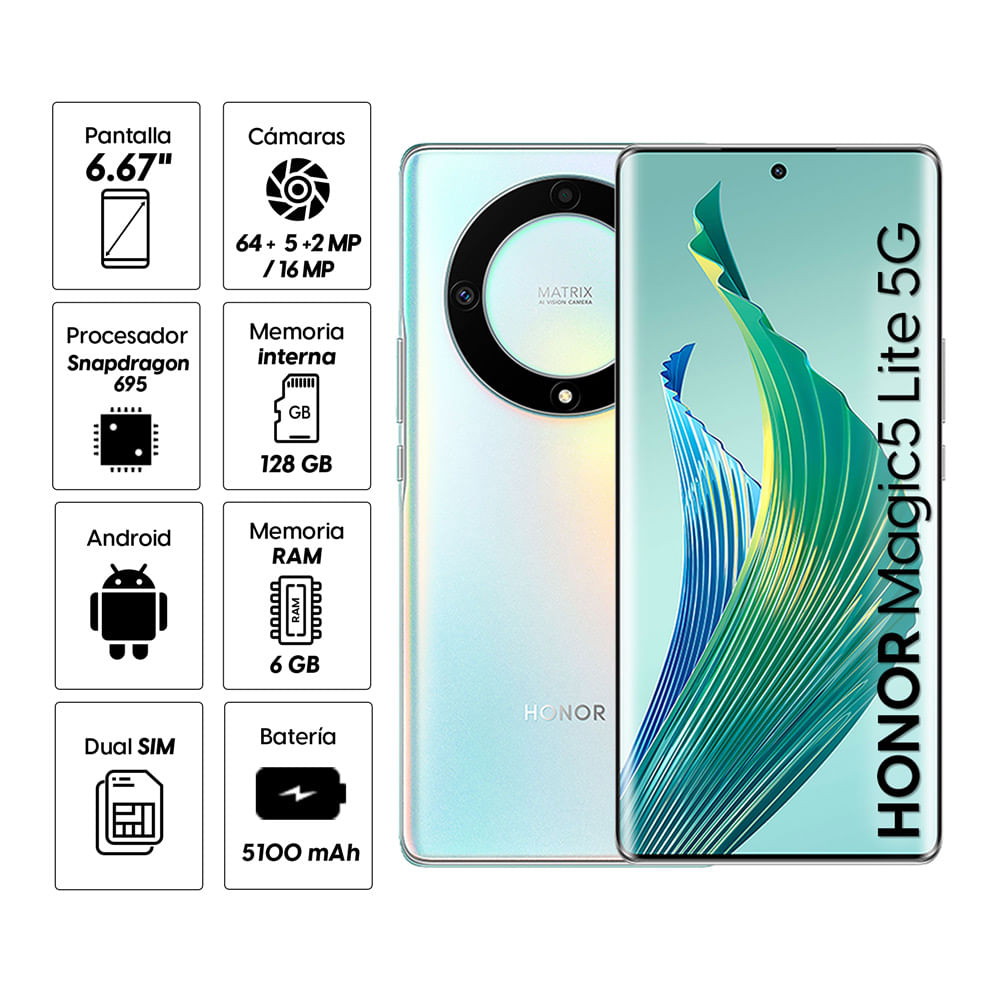 Imagen 2 del producto Celular Honor Magic 5 Lite 5G 128GB, 6GB RAM, cámara trasera, 64MP, frontal 16MP, 6.67"", plateado