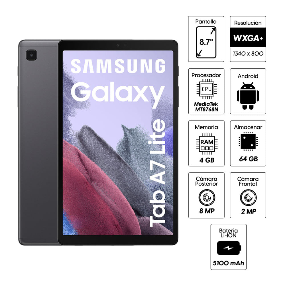 Imagen 2 del producto Tablet Samsung Galaxy Tab A7 Lite 8.7"", 64GB, 4GB RAM, cámara principal 8MP y frontal 2MP, MediaTek MT8768N, 5100 mAh, gris