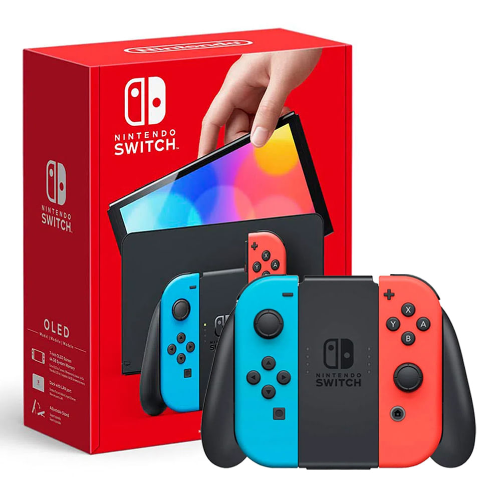 Nintendo Switch OLED 64GB, pantalla 7”, audio mejorado, puerto LAN, rojo/azul neón