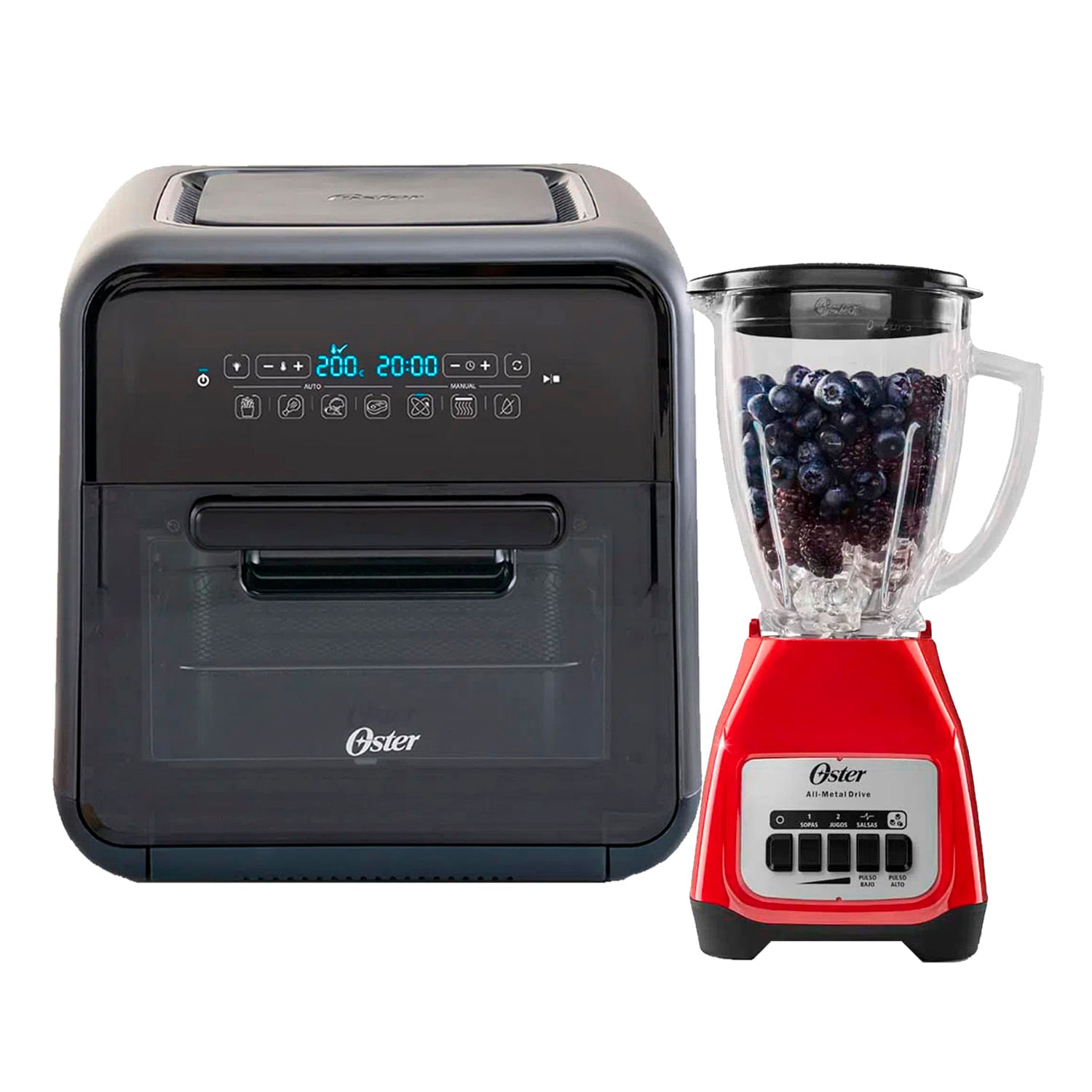 Combo Oster: Freidora de aire CKSTAFOV3 2000w, capacidad 10 litros + Licuadora BLSTKAGRPB 550w, 1.5 litros, 2 velocidades + pulso