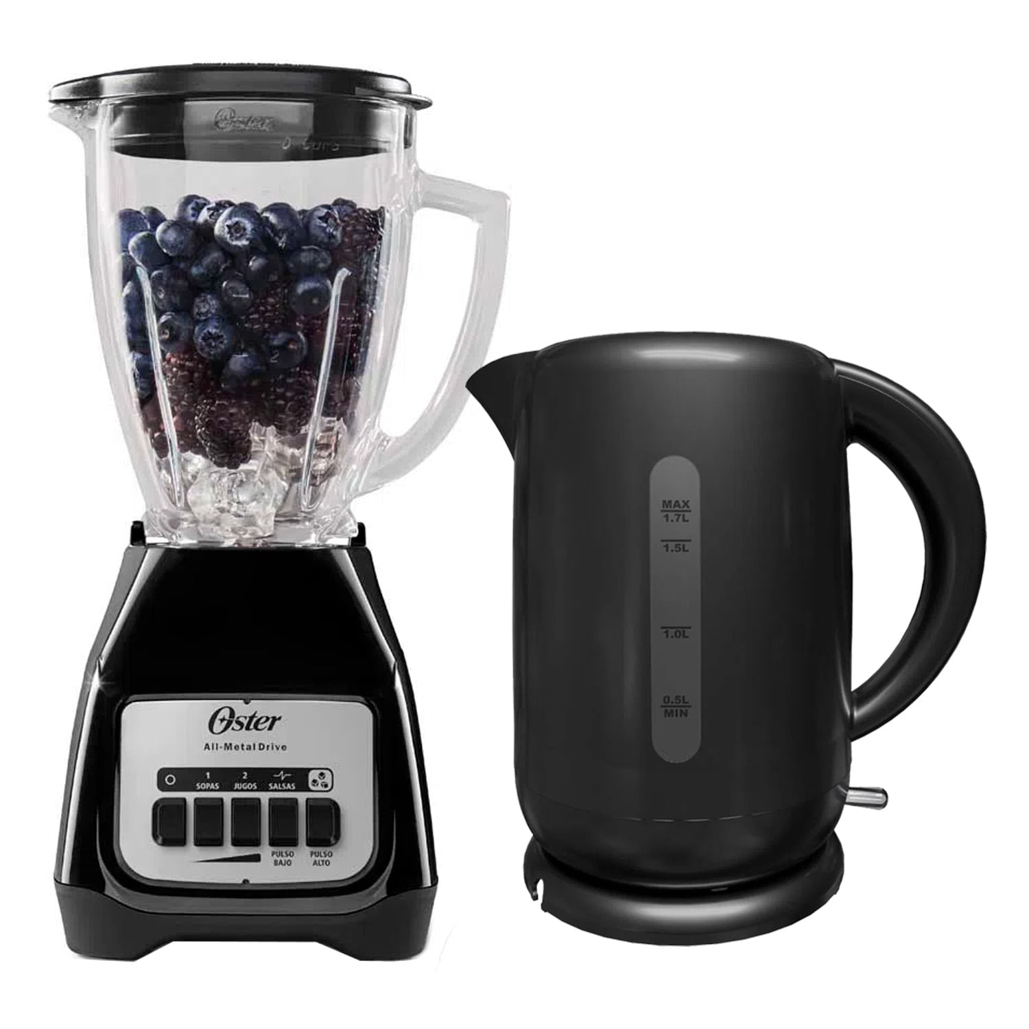 Combo Oster: Licuadora BLSTKAG-BPB 550w, 1.5 litros, 2 velocidades + pulsador + Hervidor BVSTKT3101 1850w, 1.7 litros