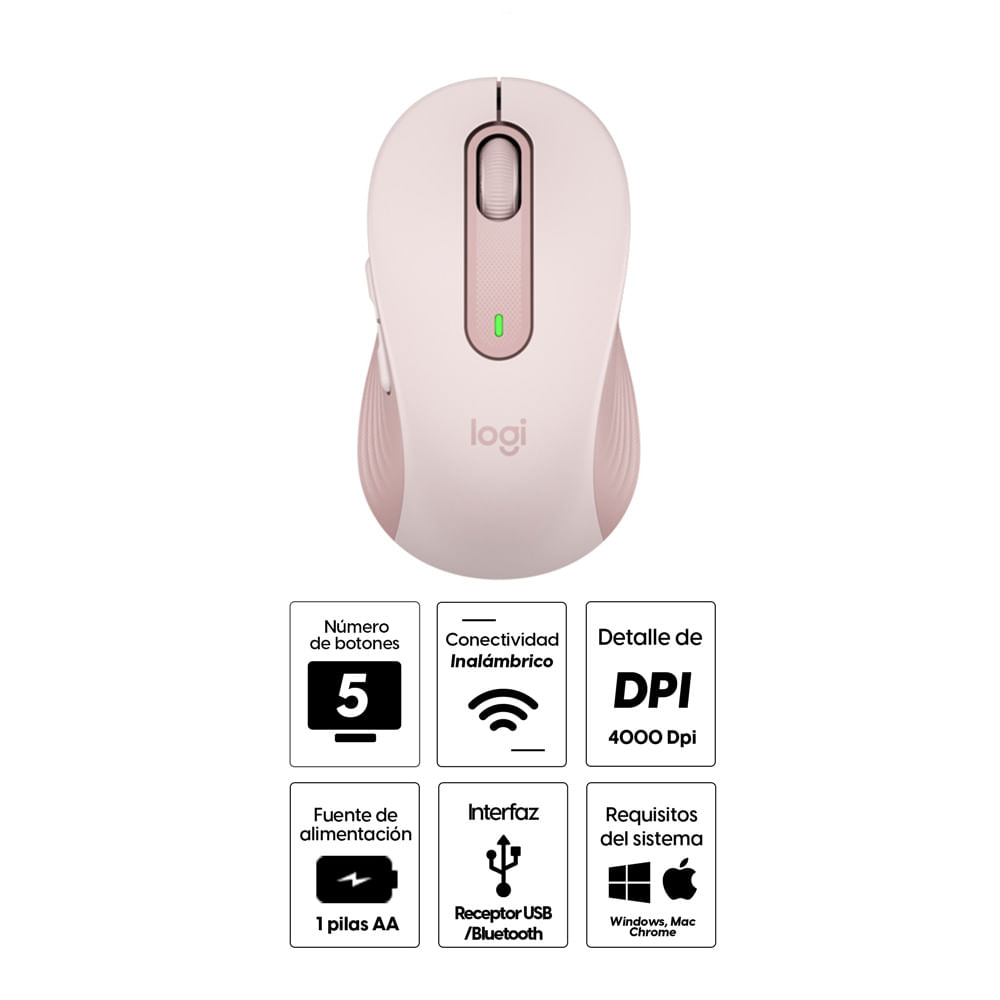 Imagen 2 del producto Mouse inalámbrico Logitech Signature M650 Inalámbrico Logitech Signature M650, Bluetooth y receptor USB, 4000 dpi, 5 botones, rosado
