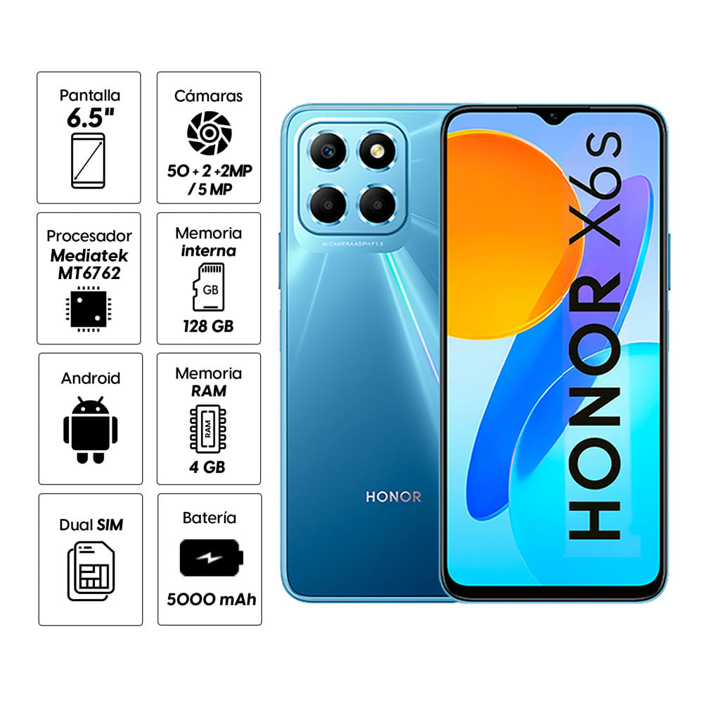 Imagen 2 del producto Celular Honor X6s 128GB, 4GB RAM, cámara trasera 50MP y frontal 5MP, 6.5'', azul