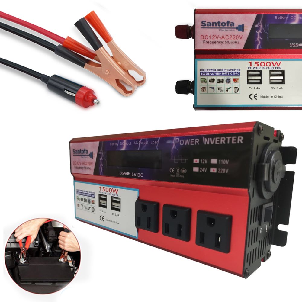 Imagen 2 del producto Inversor de Corriente 12v a 220v 1500w pantalla LCD 4 USB 3 Sockets SANTOFA