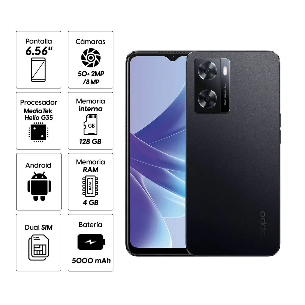 Imagen 2 del producto Celular Oppo A77 128GB, 4Gb RAM, cámara principal 50MP + 2MP, frontal 8MP, 6.56"", negro