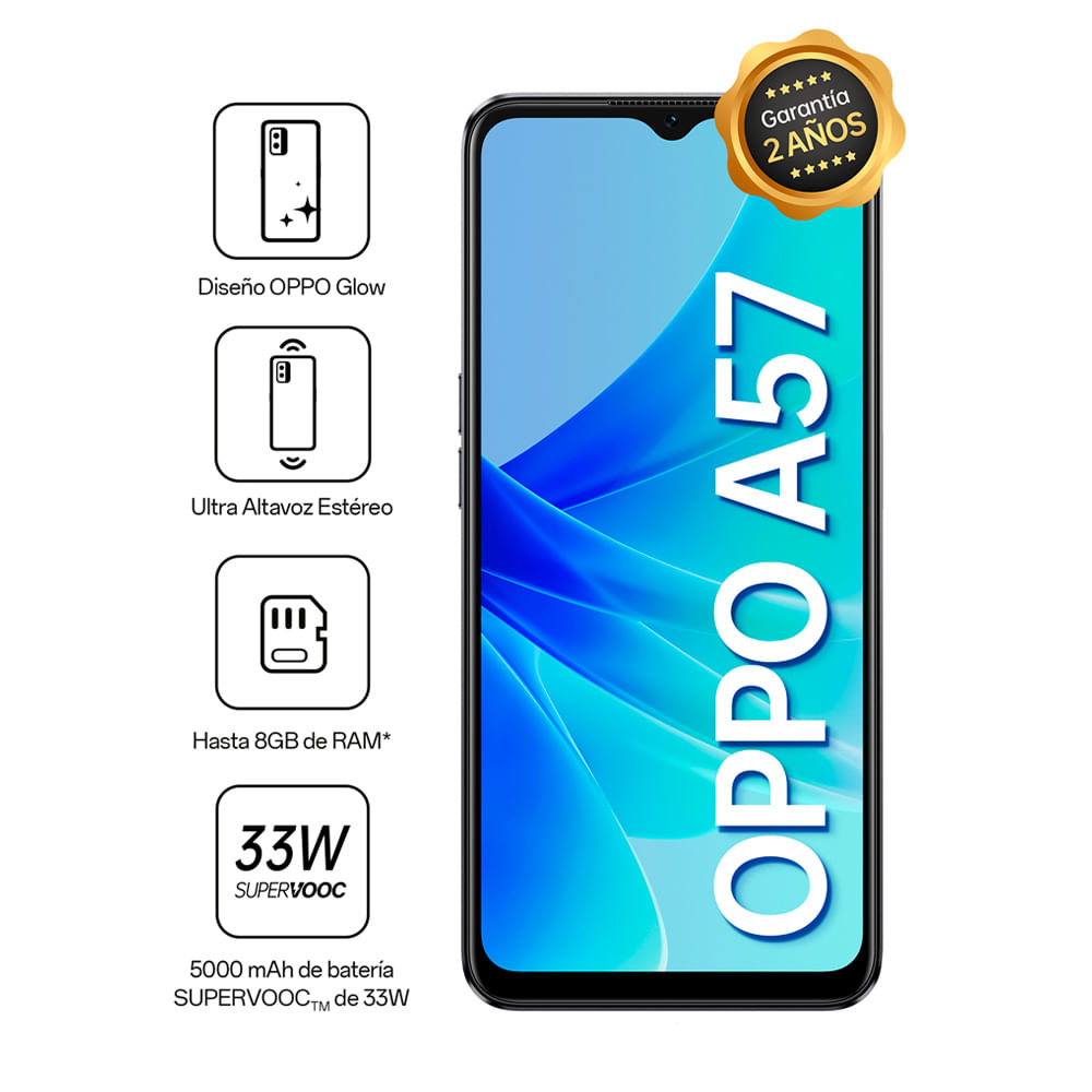 Imagen 2 del producto Celular Oppo A57 128GB, 4GB RAM, cámara principal 13MP + 2MP, frontal 8MP, 6.56”, negro + Earphones HM135