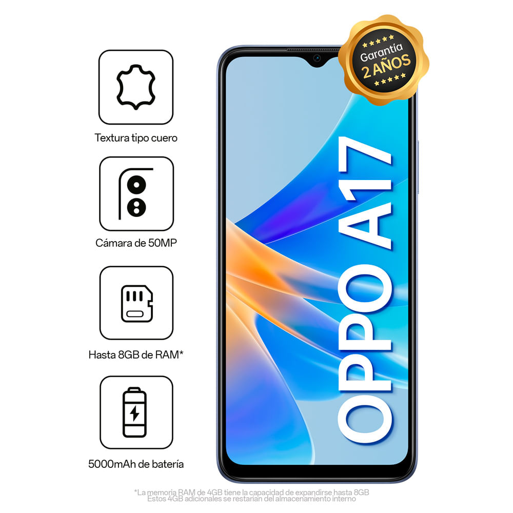 Imagen 2 del producto Celular Oppo A17 64GB, 4GB RAM, cámara principal 50MP, frontal 5MP, 6.56”, azul + Earphones HM135