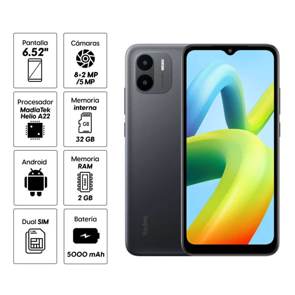Imagen 2 del producto Reacondicionado: Celular Xiaomi Redmi A1 32GB, 2GB RAM, cámara trasera 8MP y frontal 5MP, 6.52"", gris