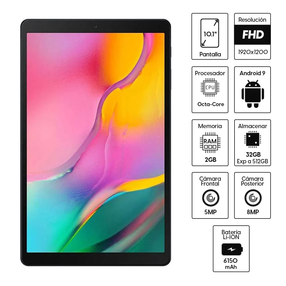 Imagen 2 del producto Reacondicionado: Tablet Samsung Tab A 10.1"", 32GB, 2GB RAM, cámara principal 8MP y frontal 5MP, Octa-Core, Android 9.0 Pie, negro