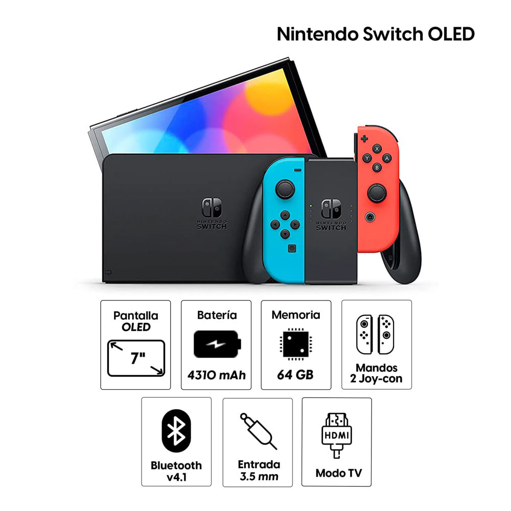 Imagen 2 del producto Nintendo Switch OLED 64GB, pantalla 7”, audio mejorado, puerto LAN, rojo/azul neón