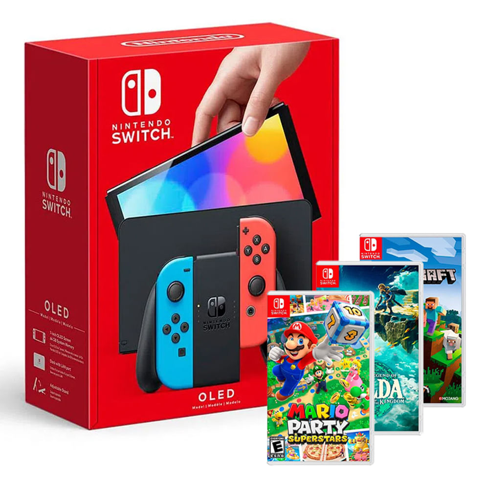 Consola Nintendo Switch Oled Neon + Zelda Tears Of The Kingdom + Minecraft+ Mario Party Superstar