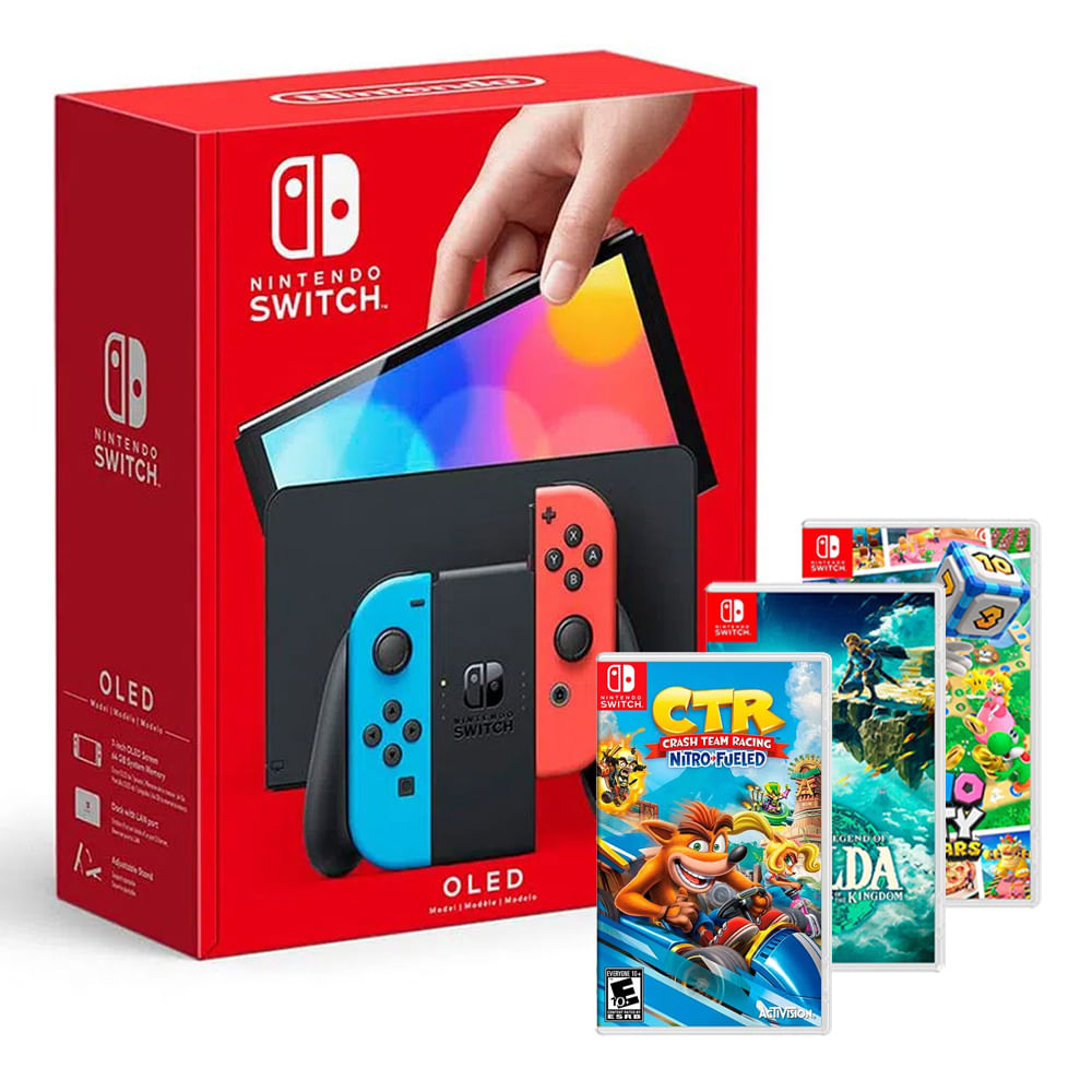 Consola Nintendo Switch Oled Neon + Zelda Tears Of The Kingdom + Crash Team Racing + Mario Party Superstar