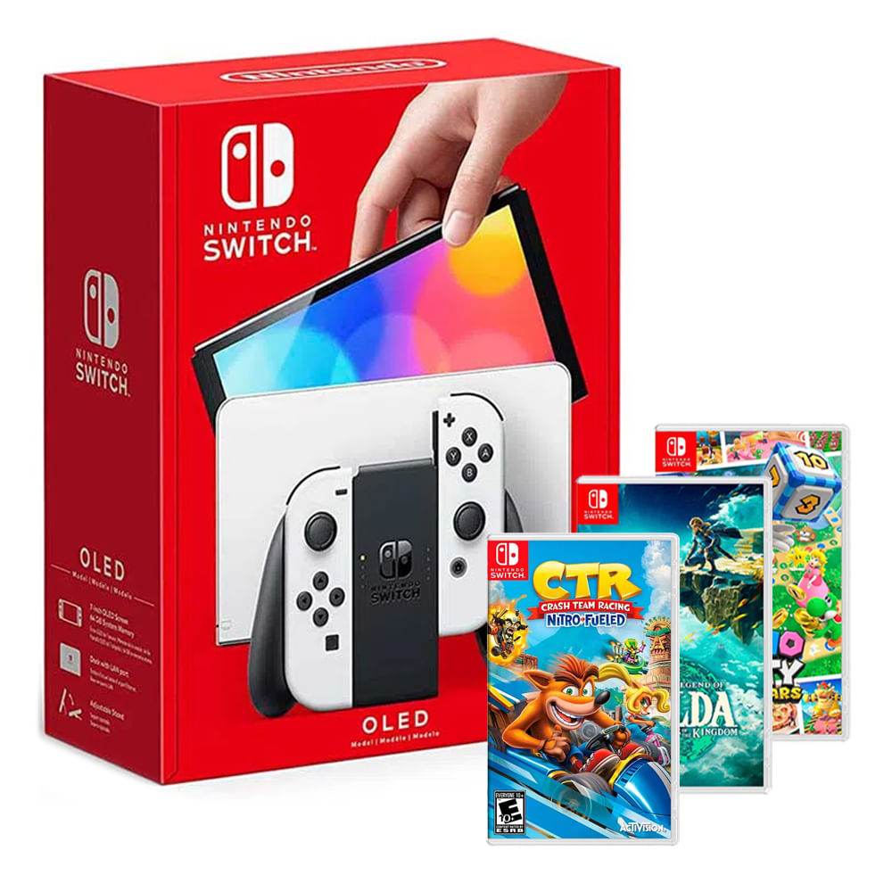 Consola Nintendo Switch Oled 64GB, blanco + Zelda Tears Of The Kingdom + Crash Team Racing + Mario Party Superstar