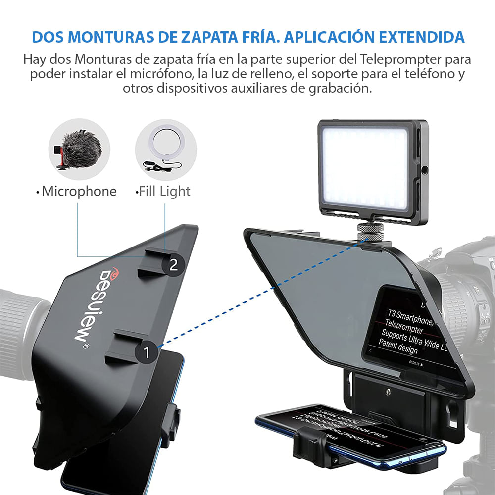 Imagen 2 del producto Teleprompter T3 Desview para smartphones, ipad, tablet, diseño de soporte y doble zapata, negro