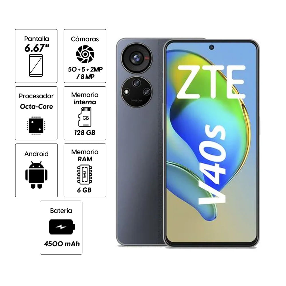 Imagen 2 del producto Celular ZTE V40S 128GB, 6GB RAM, cámara trasera 50MP y frontal 8MP, 6.6"", negro