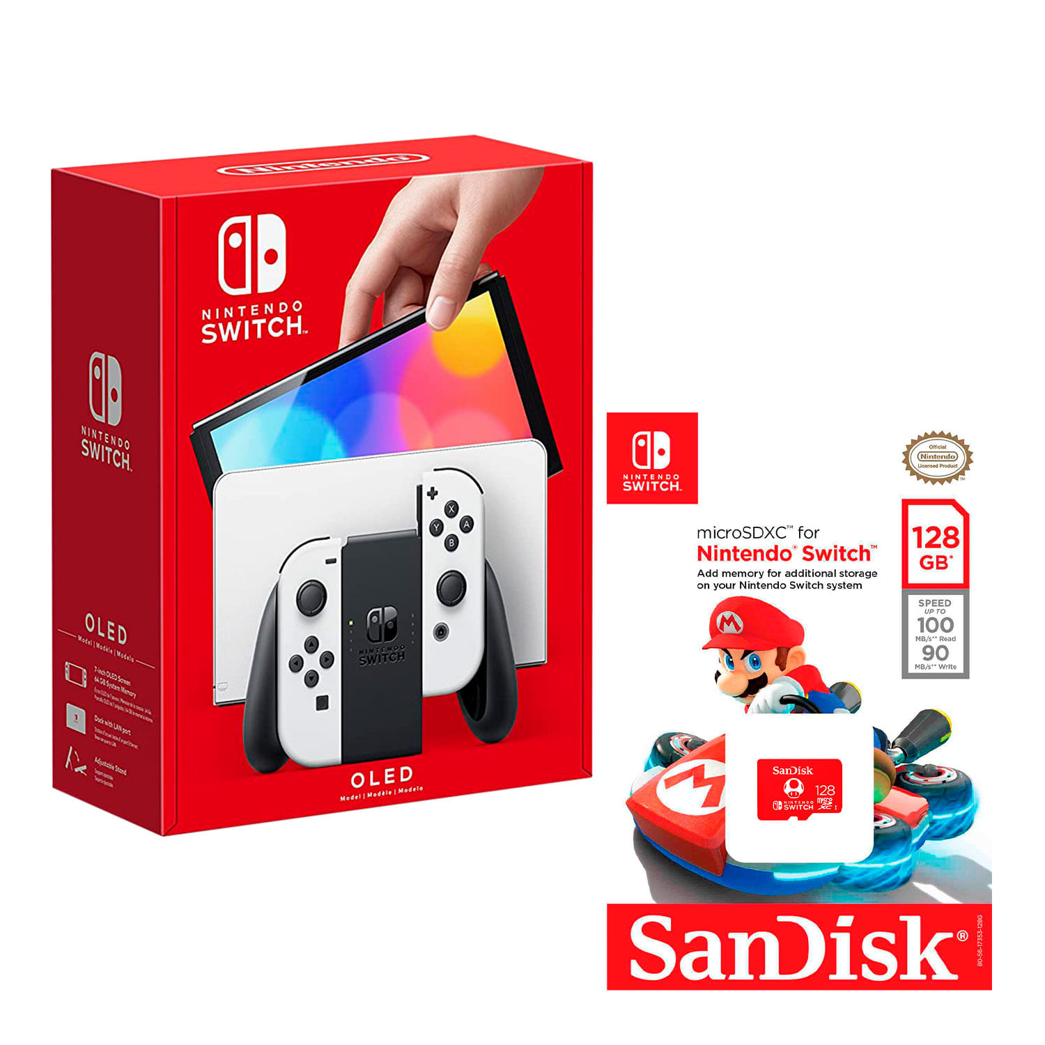 Consola Nintendo Switch Oled 64GB, blanco + Memoria micro sd edición Mario 128GB