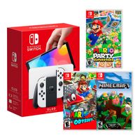 Consola Nintendo Switch Oled 64GB, blanco + Juego Mario Party Superstar + Juego Super Mario Odyssey + Juego Minecraft