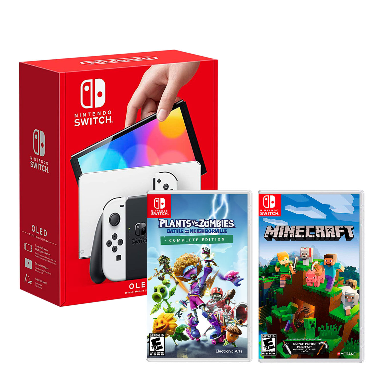 Consola Nintendo Switch Oled 64GB, blanco + Juego Plants Vs Zombies Neighborville + Juego Minecraft