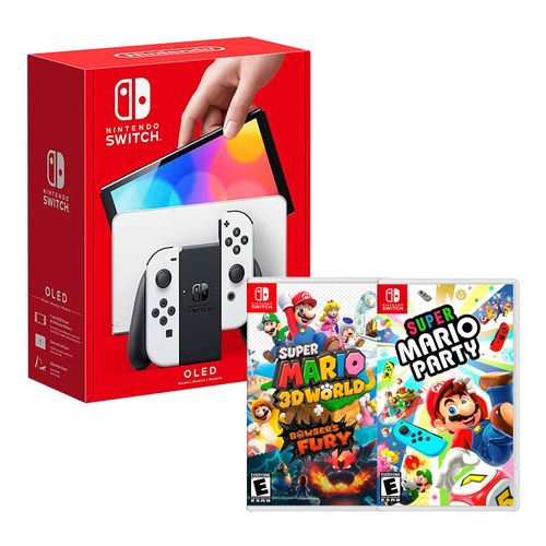 Consola Nintendo Switch Oled 64GB, blanco + Juego Mario 3D World Bowsers Fury + Juego Super Mario Party
