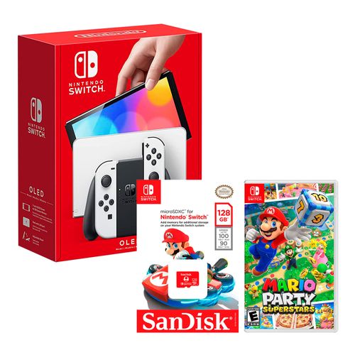 Consola Nintendo Switch Oled 64GB, blanco + Juego Mario Party Superstar + Memoria micro sd edición Mario 128GB