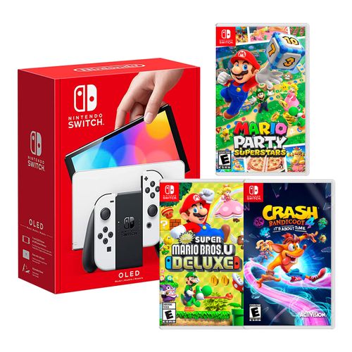 Consola Nintendo Switch Oled 64GB, blanco + Juego Mario Party Superstar + Juego Super Mario Bros U Deluxe + Juego Crash Bandicoot 4