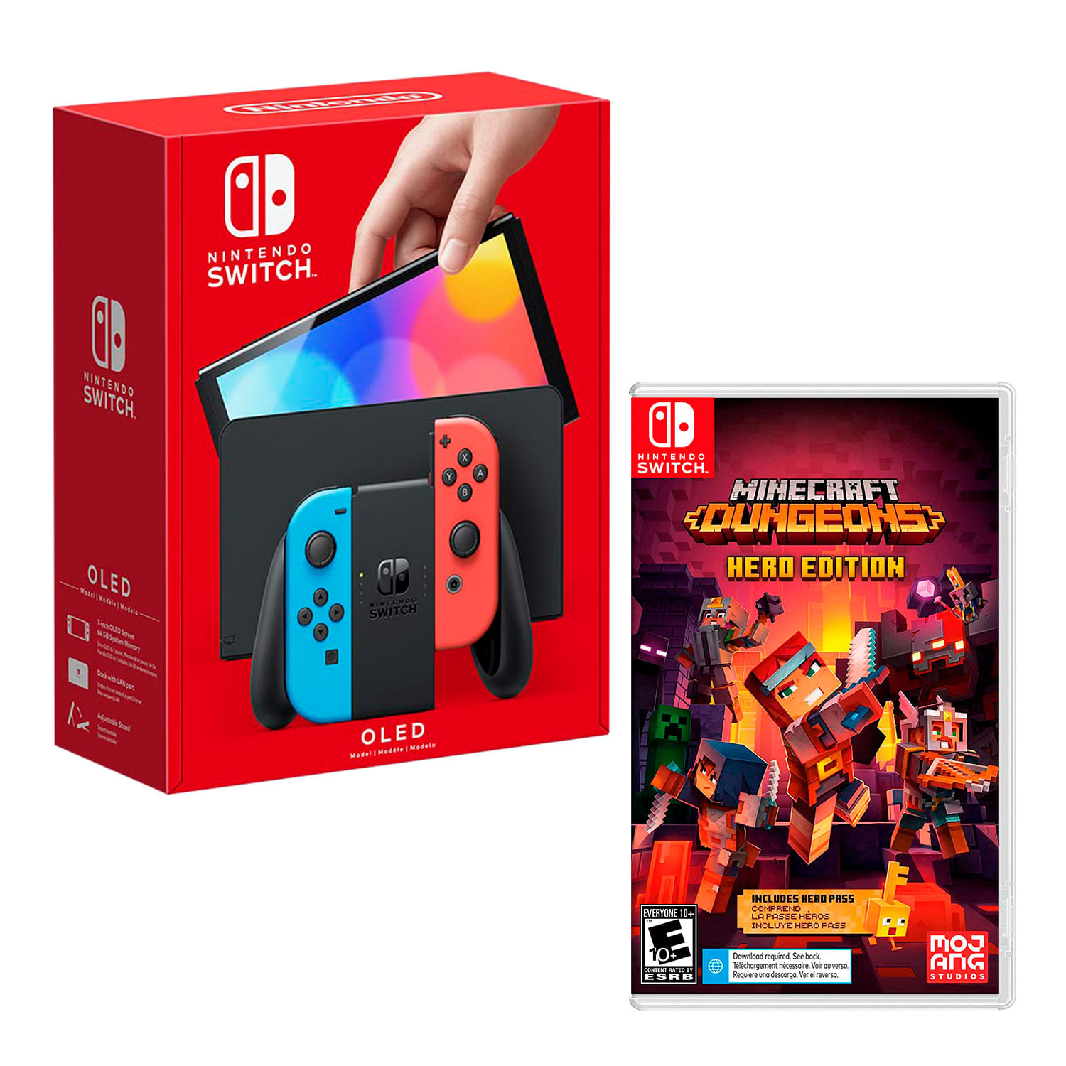 Consola Nintendo Switch Oled 64GB, neón rojo y azul + Juego Minecraft Dungeons Hero Edition