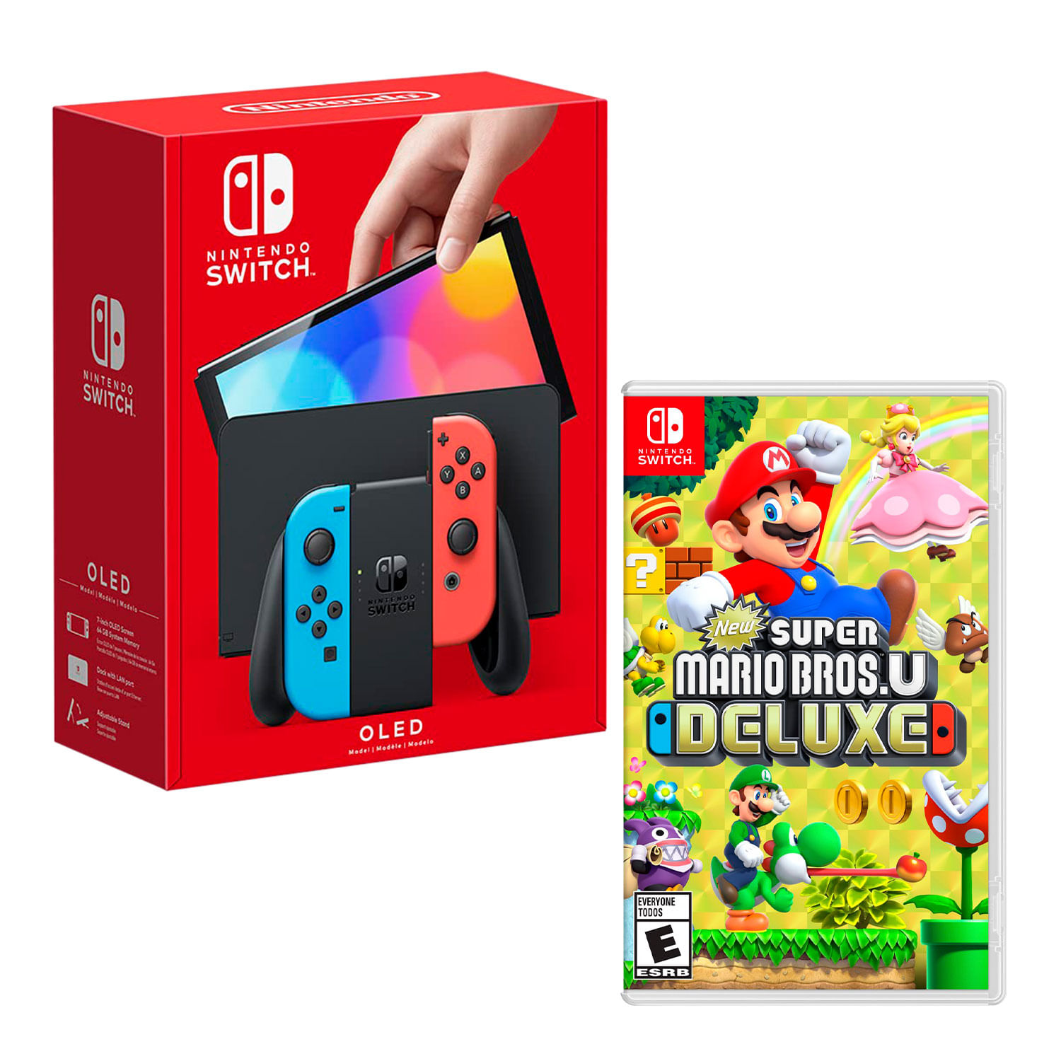 Consola Nintendo Switch Oled 64GB, rojo/azul neón + New Super Mario Bros U