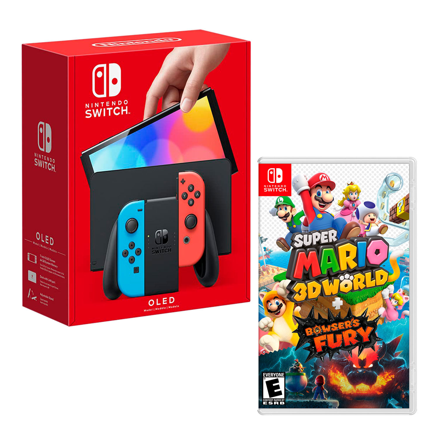 Consola Nintendo Switch Oled 64GB, neón rojo y azul + Juego Mario 3D World Bowsers Fury