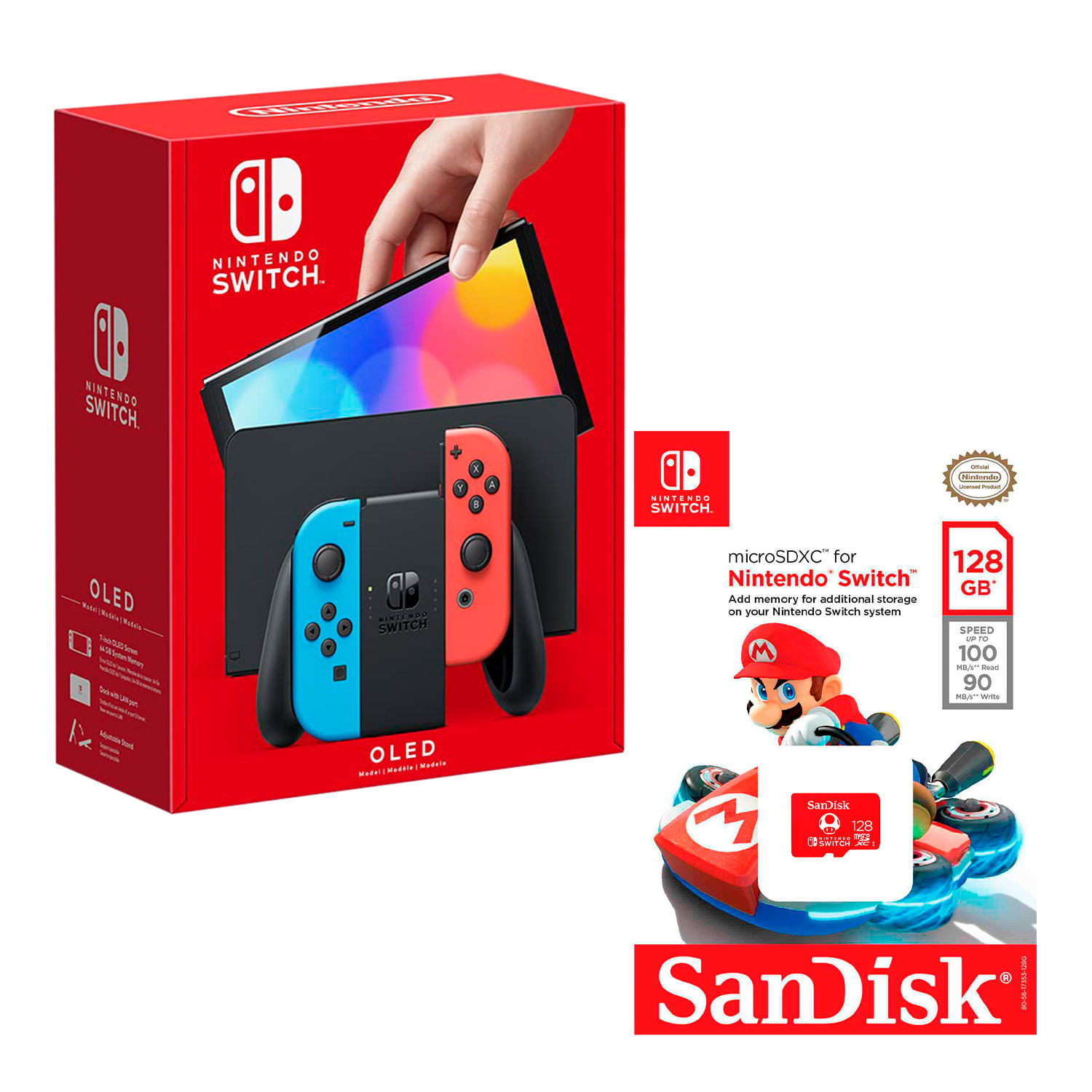 Consola Nintendo Switch Oled 64GB, neón rojo y azul + Memoria micro sd edición Mario 128GB