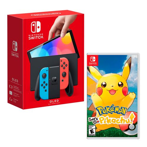 Consola Nintendo Switch Oled 64GB, neón rojo y azul + Juego Pokémon let's go Pikachu