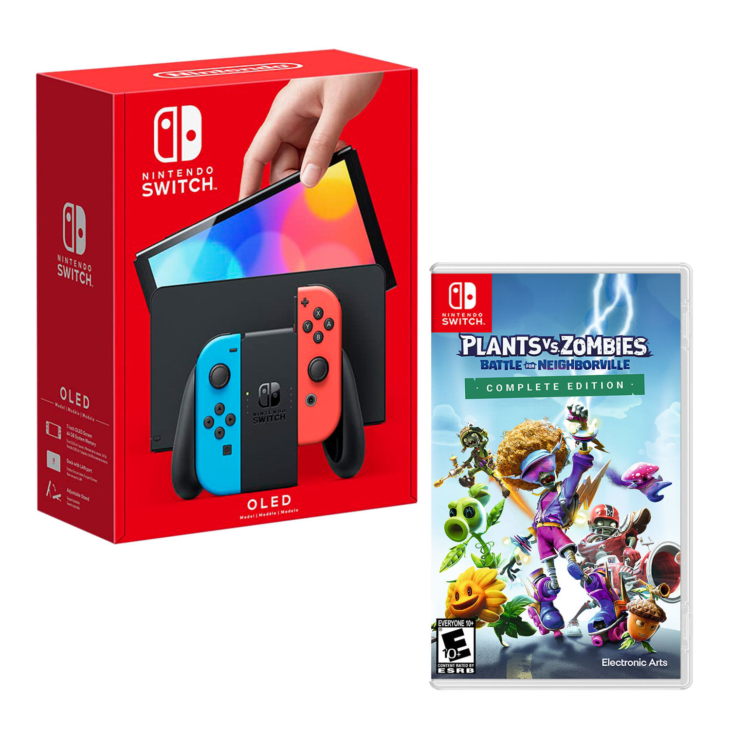 Consola Nintendo Switch Oled 64GB, rojo/azul neón + Plants Vs Zombies Neighborville