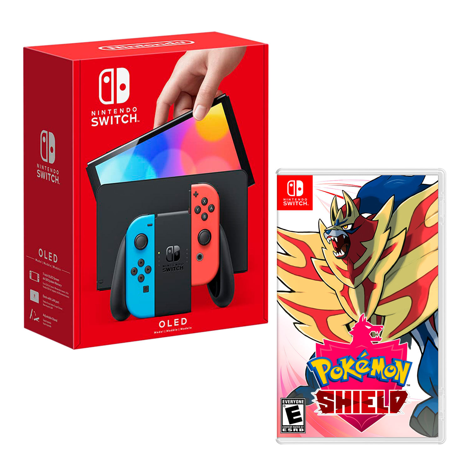 Consola Nintendo Switch Oled 64GB, rojo/azul neón + Pokemon Shield
