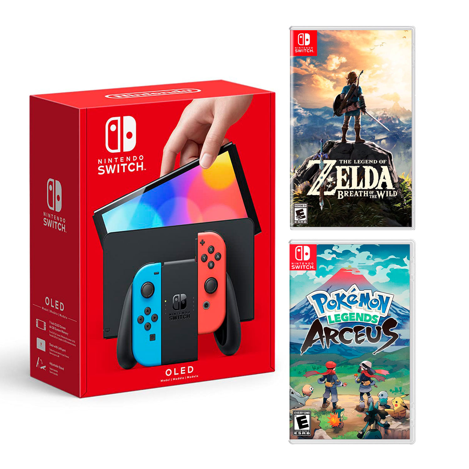 Consola Nintendo Switch Oled 64GB, rojo/azul neón + Zelda Breath of the wild + Pokémon Legends Arceus