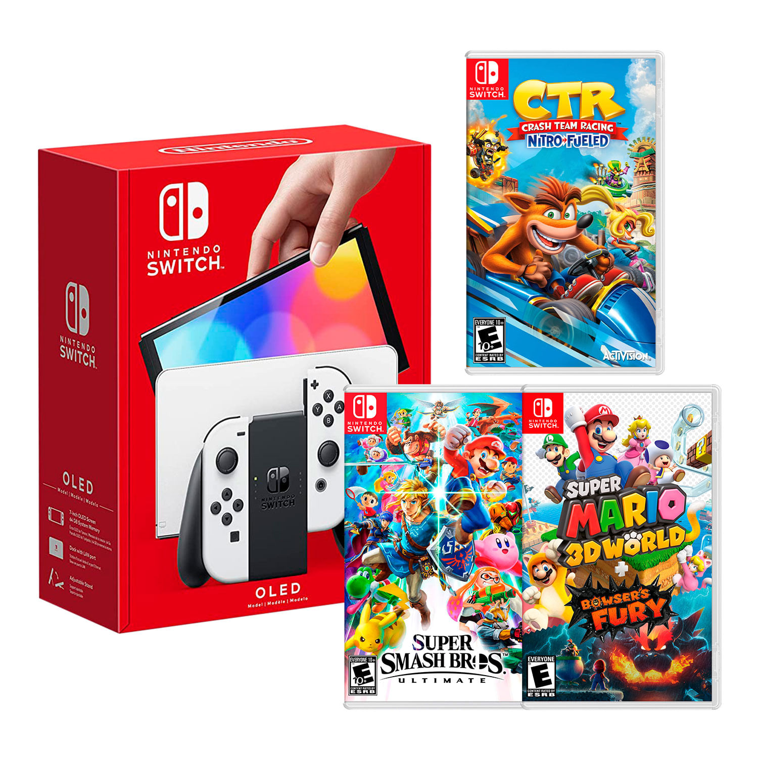 Consola Nintendo Switch Oled 64GB, blanco + Crash Team Racing + Super Smash bros + Mario 3D World