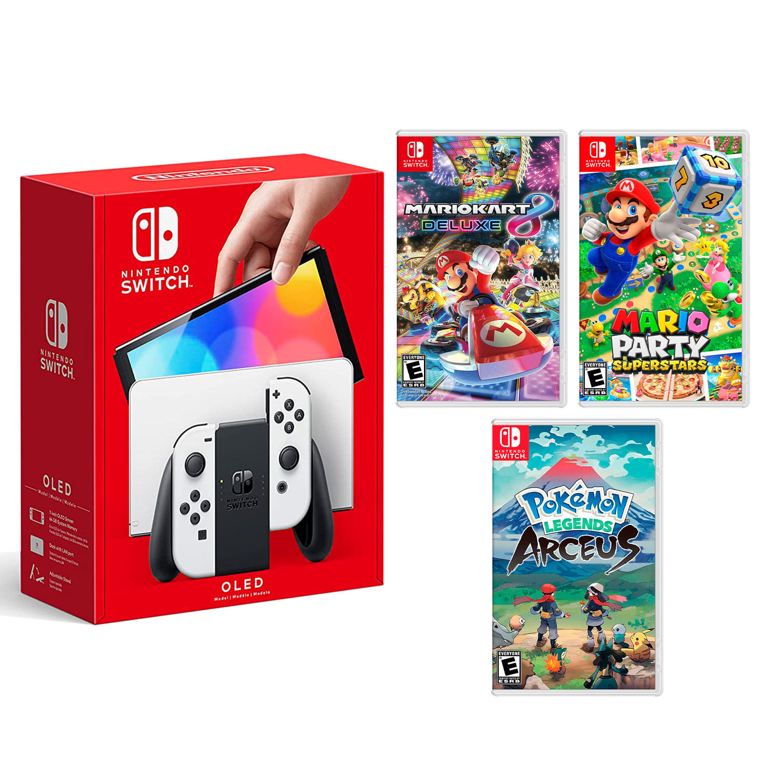 Consola Nintendo Switch Oled 64GB, blanco + Mario Kart 8 + Mario Party Superstar + Pokémon Legends Arceus
