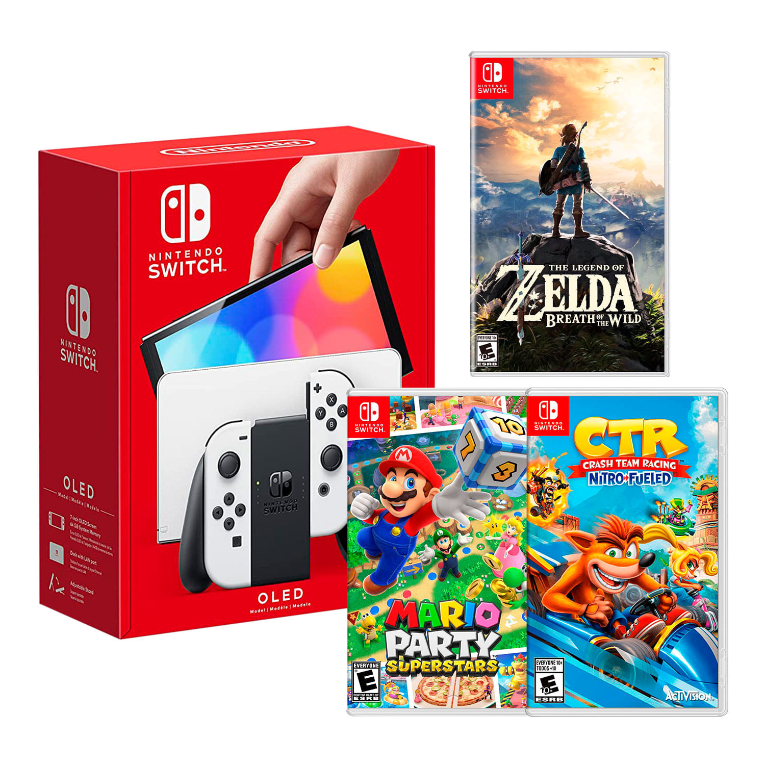 Consola Nintendo Switch Oled 64GB, blanco + Zelda Breath + Crash team Racing + Mario Party Superstar