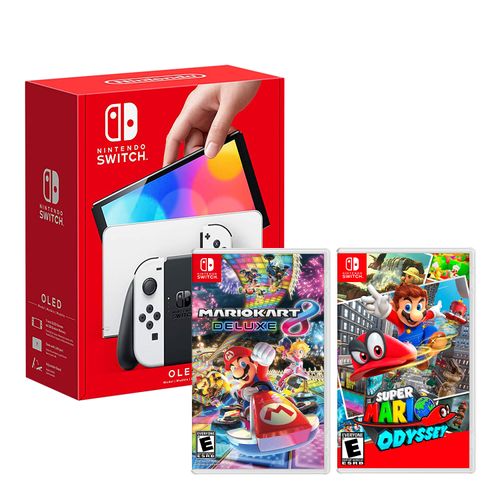 Consola Nintendo Switch Oled 64GB, blanco + Juego Mario Kart 8 Deluxe + Juego Super Mario Odyssey
