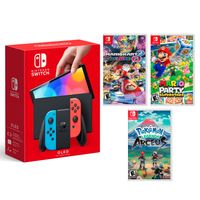 Consola Nintendo Switch Oled 64GB, neón rojo y azul + Juego Mario Kart 8 Deluxe + Juego Mario Party Superstar + Juego Pokémon Legends Arceus