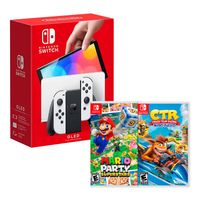 Consola Nintendo Switch Oled 64GB, blanco + Juego Mario Party Superstar + Juego Crah Team Racing