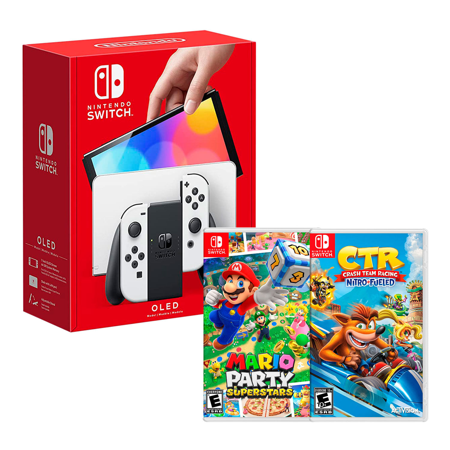 Consola Nintendo Switch Oled 64GB, blanco + Juego Mario Party Superstar + Juego Crah Team Racing