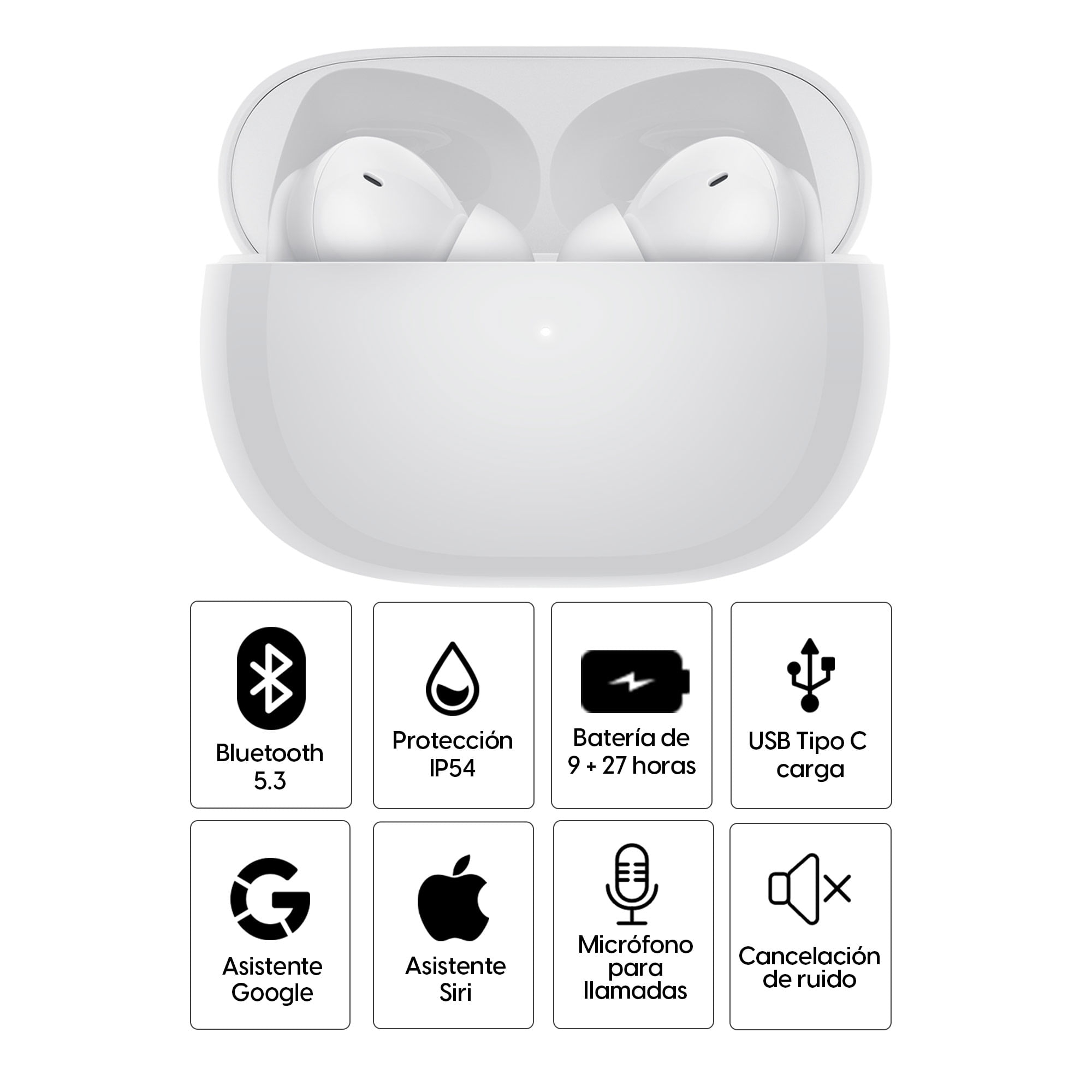 Imagen 2 del producto Audífonos bluetooth True Wireless Xiaomi Redmi Buds 4 Pro, protección IP54, duración máx. 9 horas, cancelación de ruido, blanco