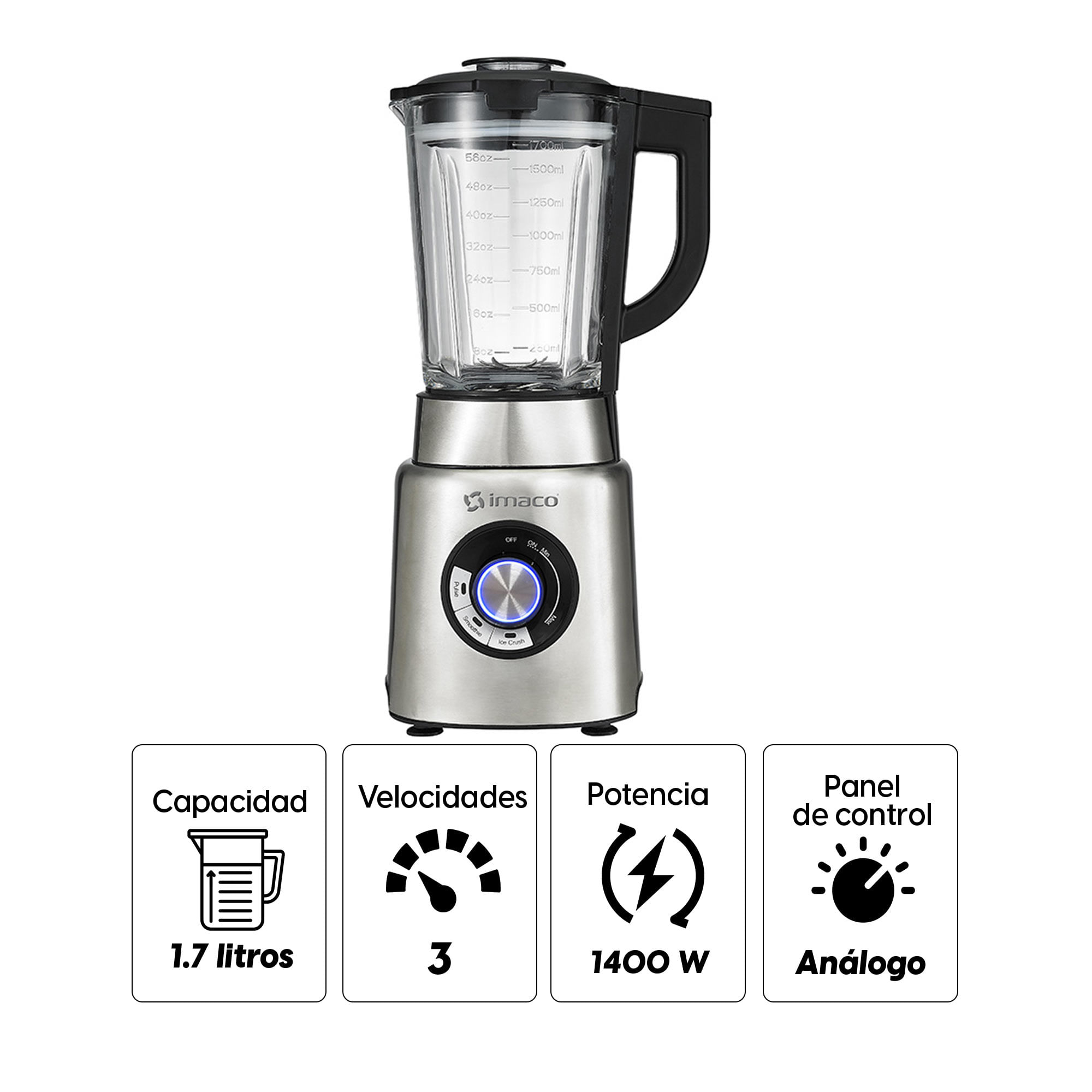 Imagen 2 del producto Licuadora Imaco BLS1417 1400w, 3 velocidades, vaso de vidro 1.7 litros, plateado
